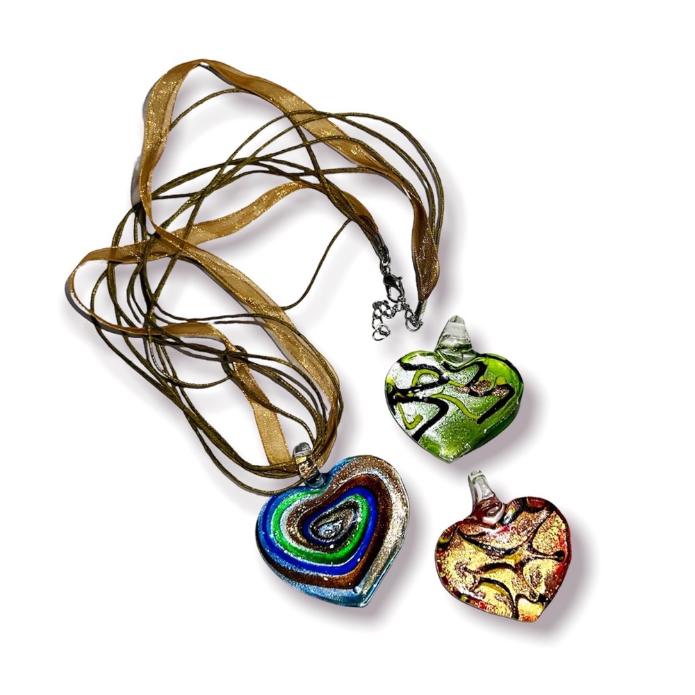 3 Italian Murano glass heart Pendants 1 necklace